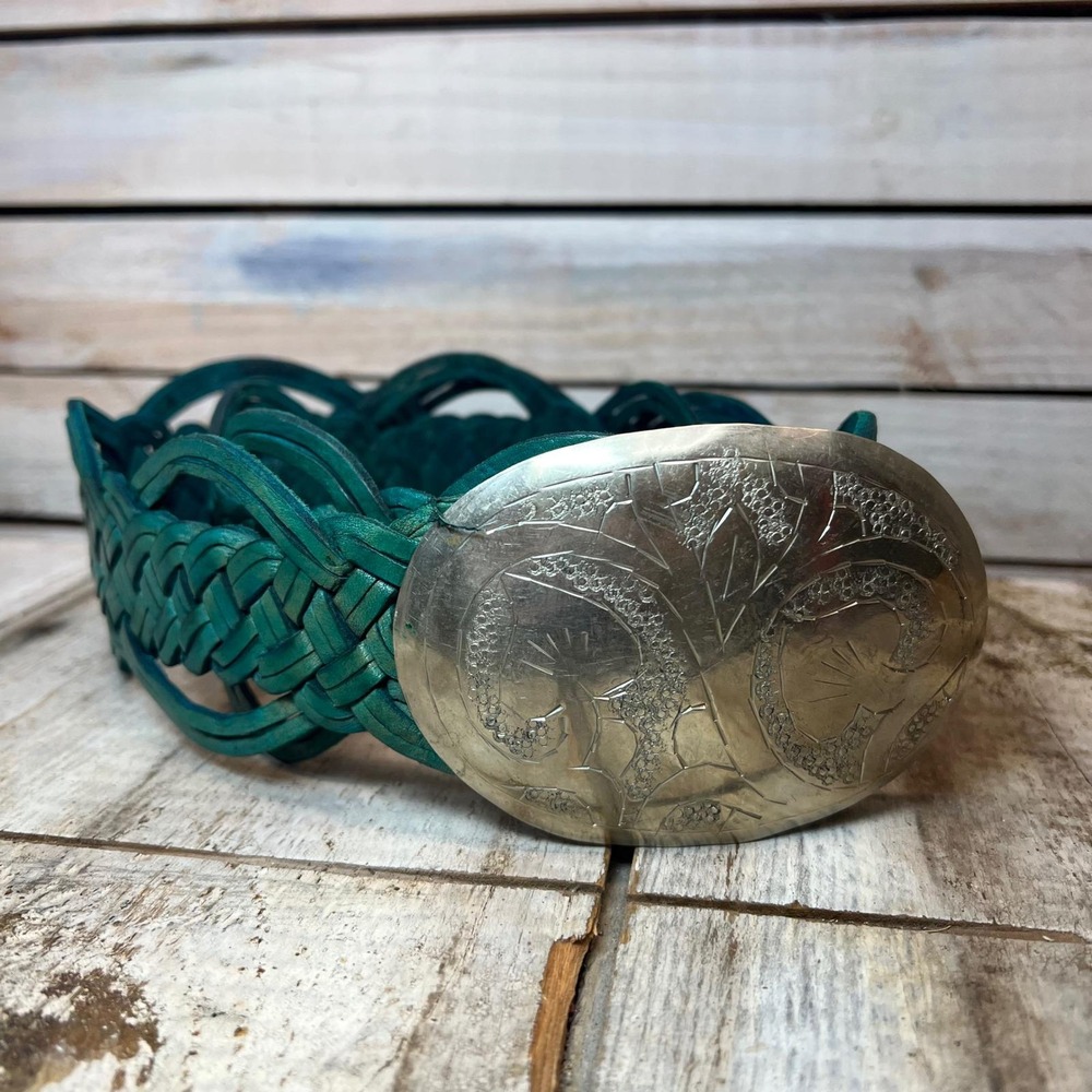 Vintage Teal Green Braided Leather Belt Silver Etched Western Boho Buckle L 40in